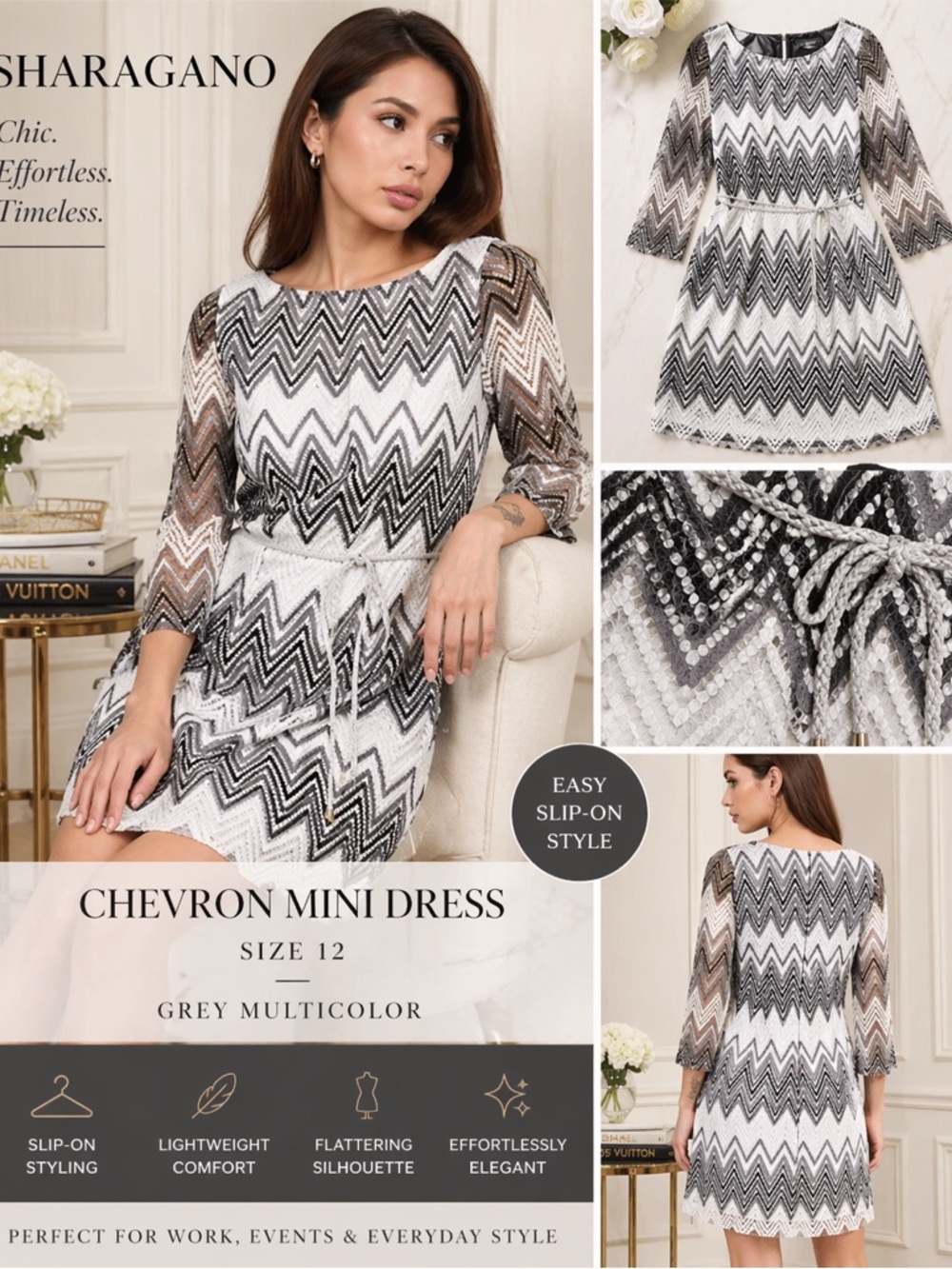 Sharagano Grey Chevron Mini Dress Size 12 Multicolor 3/4 Sleeve Shift Dress - Picture 2 of 4